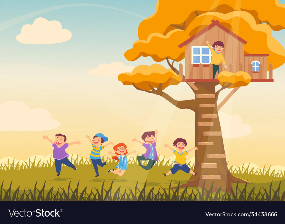 Child in park and on tree house Royalty Free Vector Image