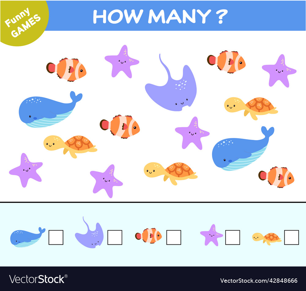 Funny game for kids find and count cute sea Vector Image