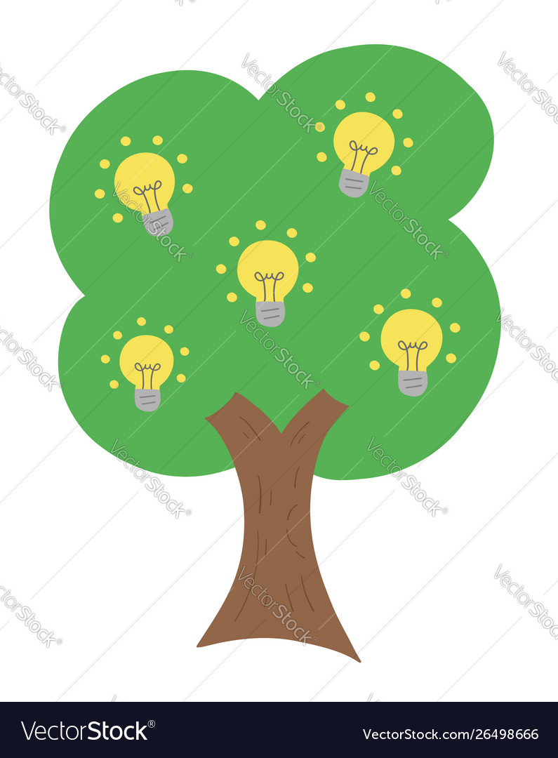 Hand-drawn glowing light bulb idea tree