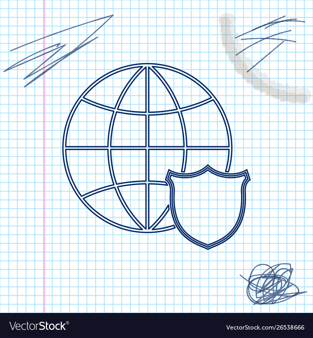 Shield with world globe line sketch icon isolated