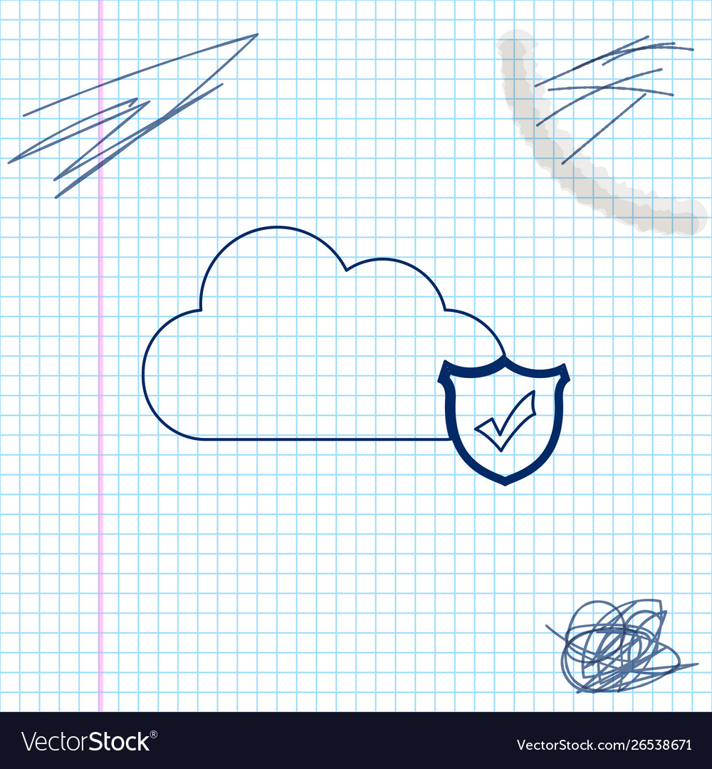 Cloud and shield with check mark line sketch icon