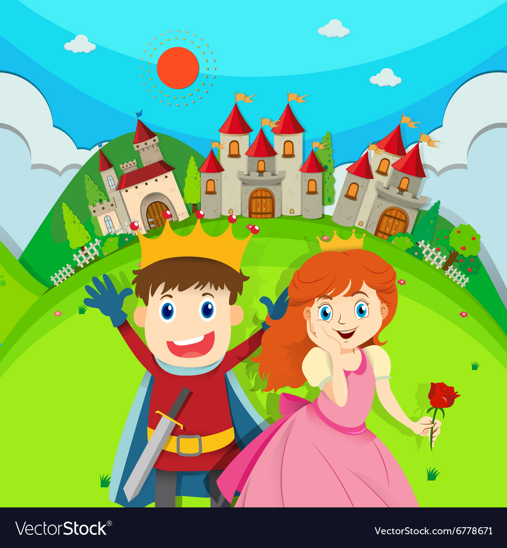 Prince and princess at castle Royalty Free Vector Image