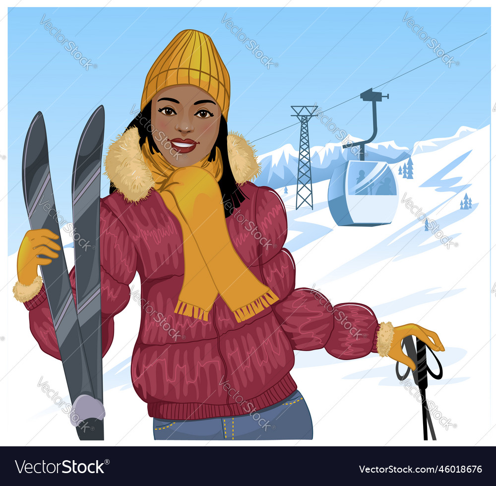 African american girl with skis