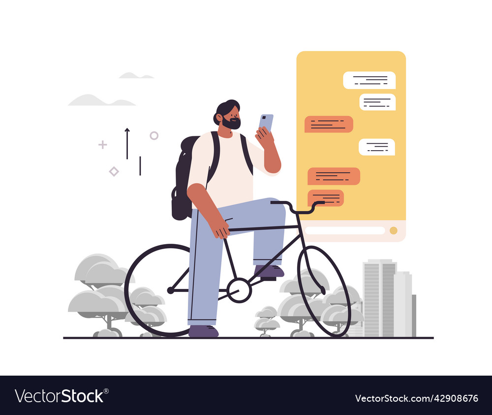 Man cyclist chatting on digital screen guy using vector image Man cyclist chatting on digital screen guy using
