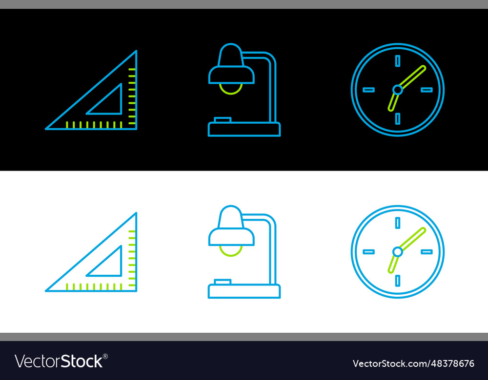 Set Linie Uhr dreieckige Herrscher und Tischlampe vector image Set Linie Uhr dreieckige Herrscher und Tischlampe