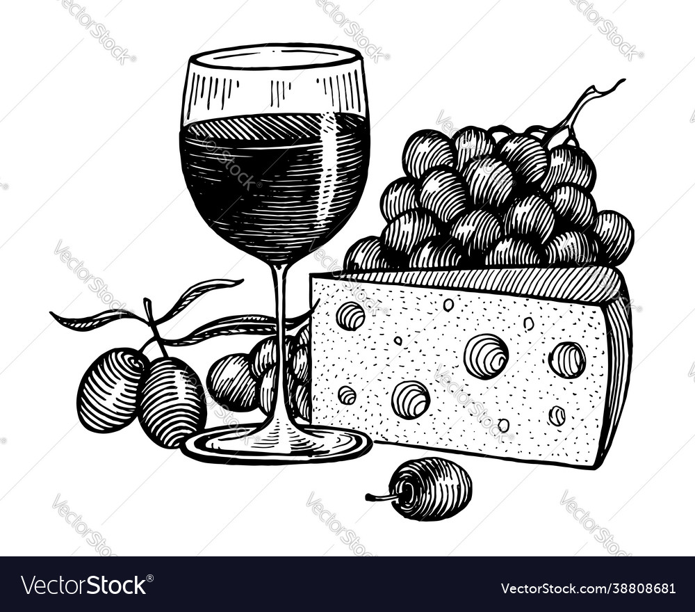 Glass wine grapes and cheese Royalty Free Vector Image