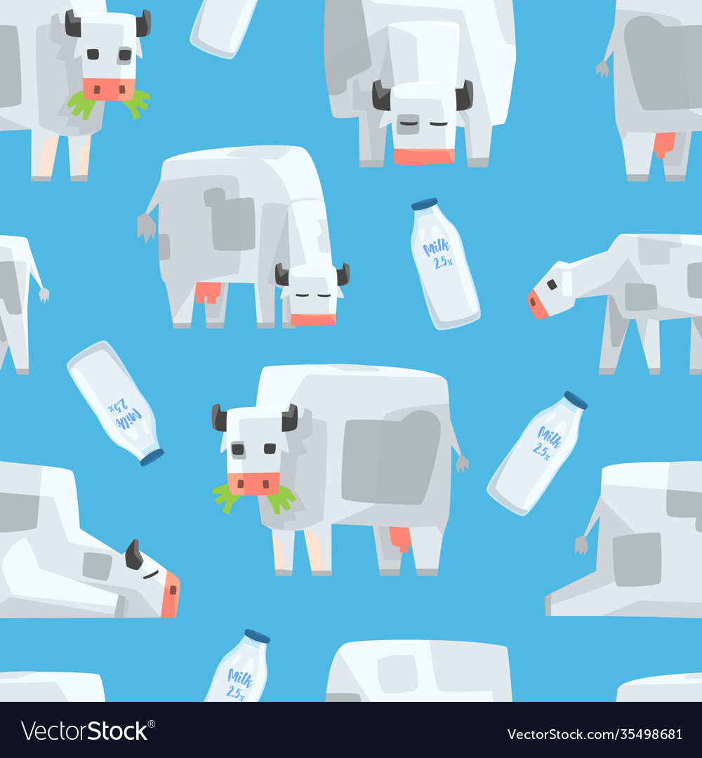 Pixel cow and milk bottle seamless pattern vector image Pixel cow and milk bottle seamless pattern