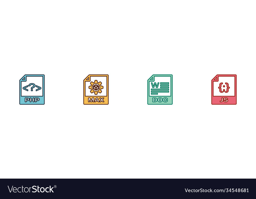 Set php file document max doc and js icon vector image Set php file document max doc and js icon