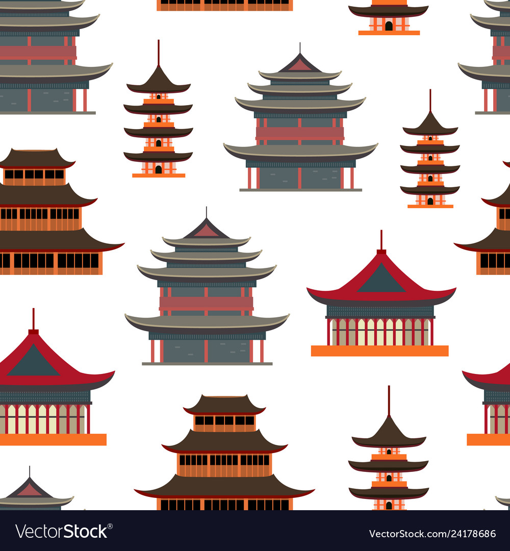 Cartoon Traditional Asian House Seamless Pattern Vector Image