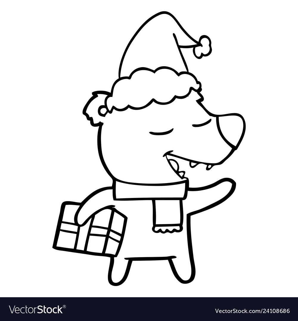 Line drawing of a bear with present wearing santa