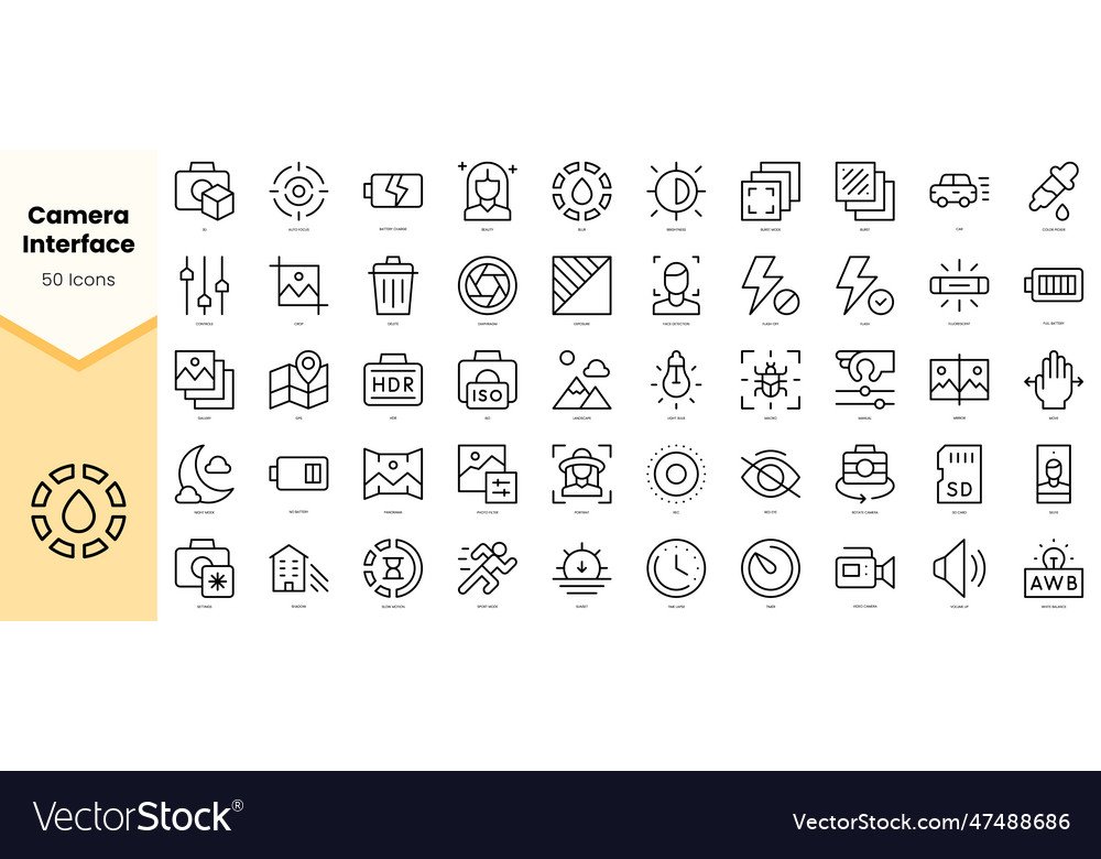 Set of camera interface icons simple line art vector image Set of camera interface icons simple line art