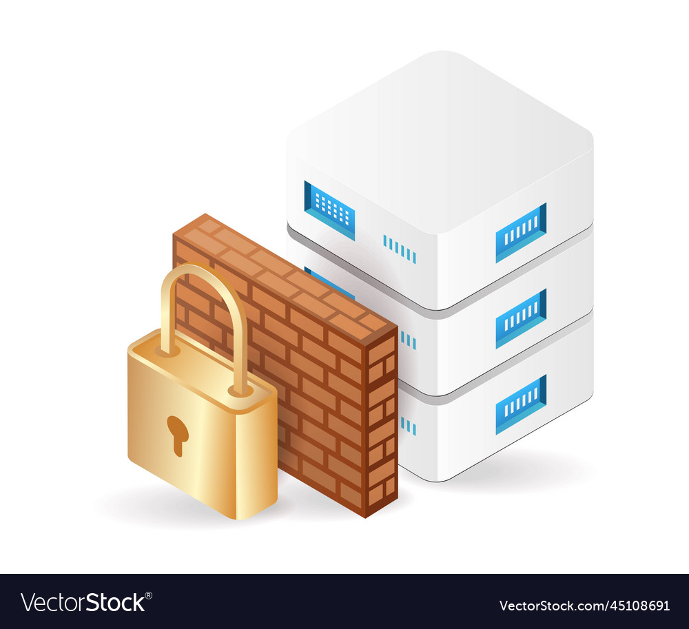 Flat isometric 3d of data server security wall vector image Flat isometric 3d of data server security wall