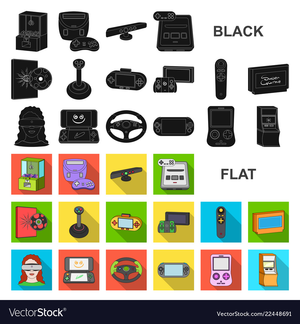 Game console and virtual reality flat icons in set