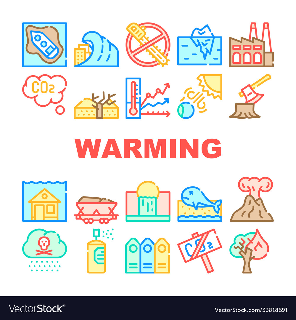 Global warming problem collection icons set