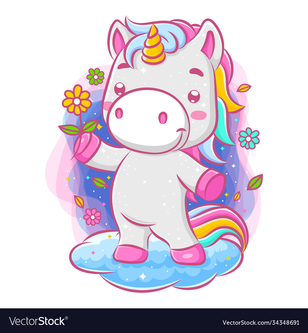 Lovely unicorn holding a flower and standing