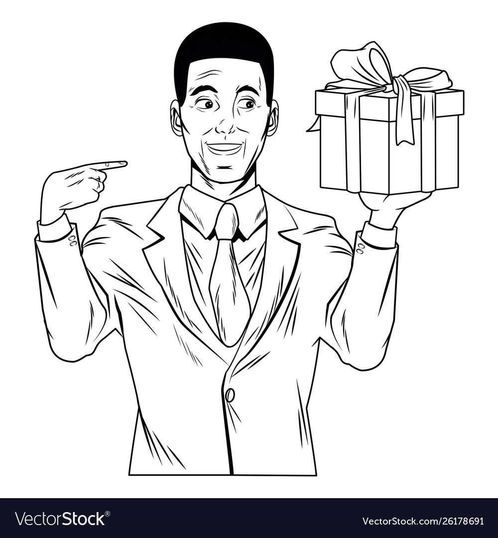 Man avatar with gift box in black and white pop