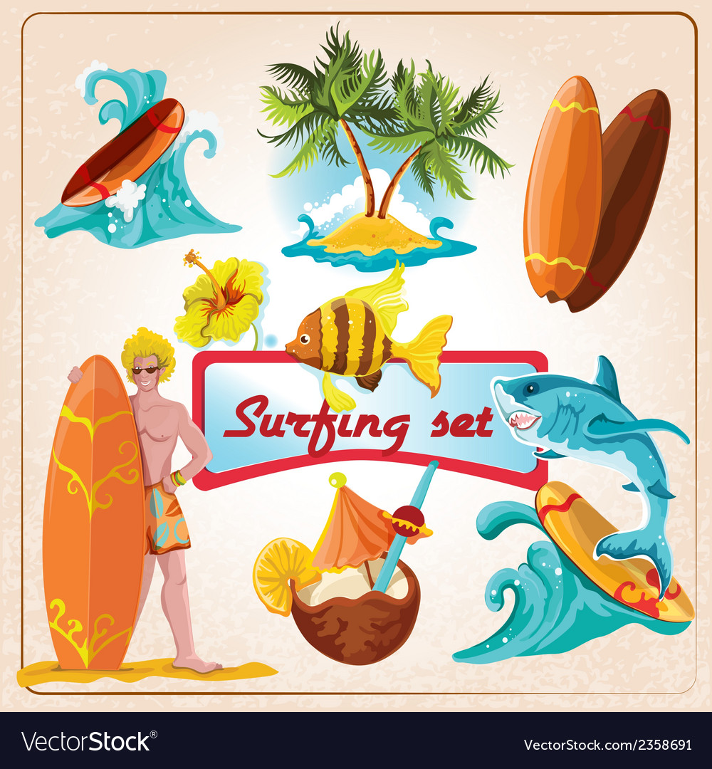 Surfing elements set Royalty Free Vector Image