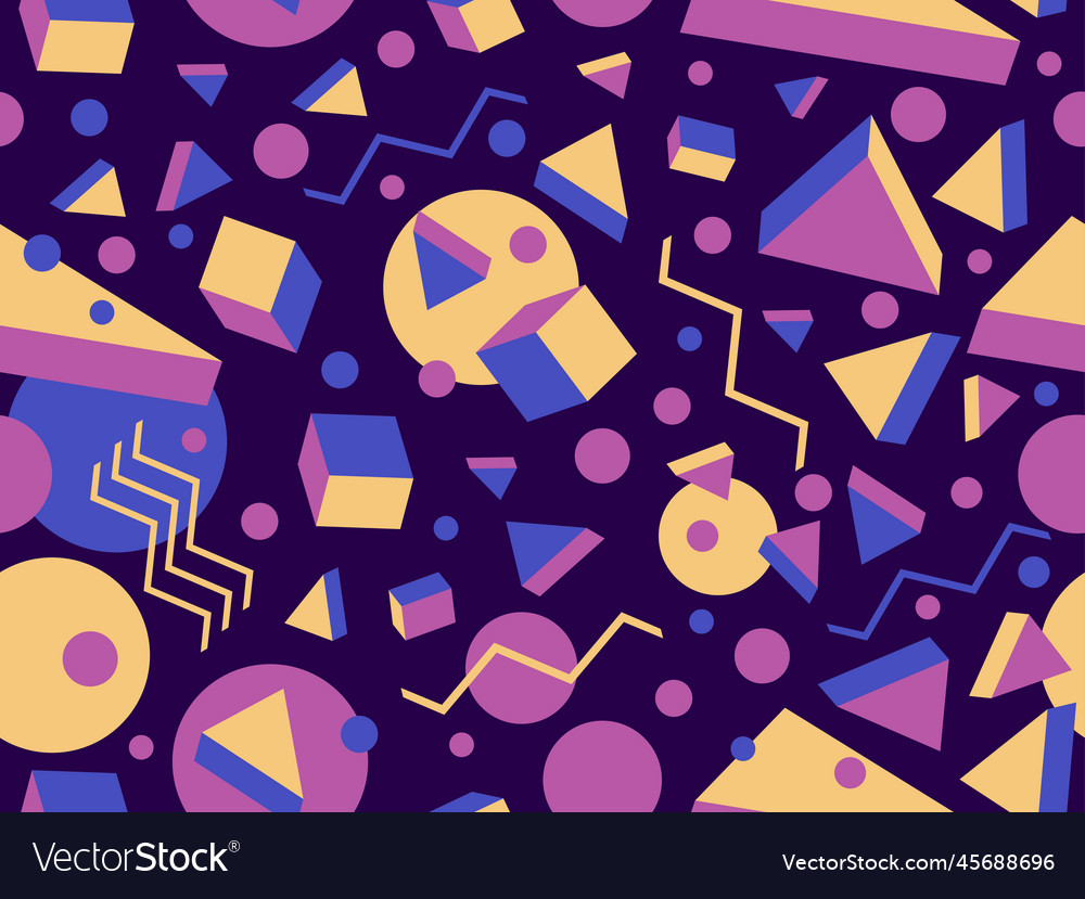 Memphis seamless pattern with 3d shapes in 80s