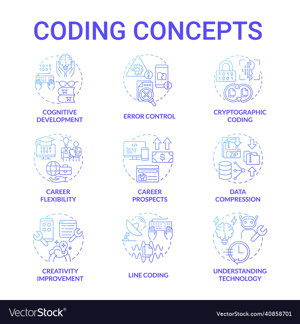 Coding blue gradient concept icons set vector image Coding blue gradient concept icons set