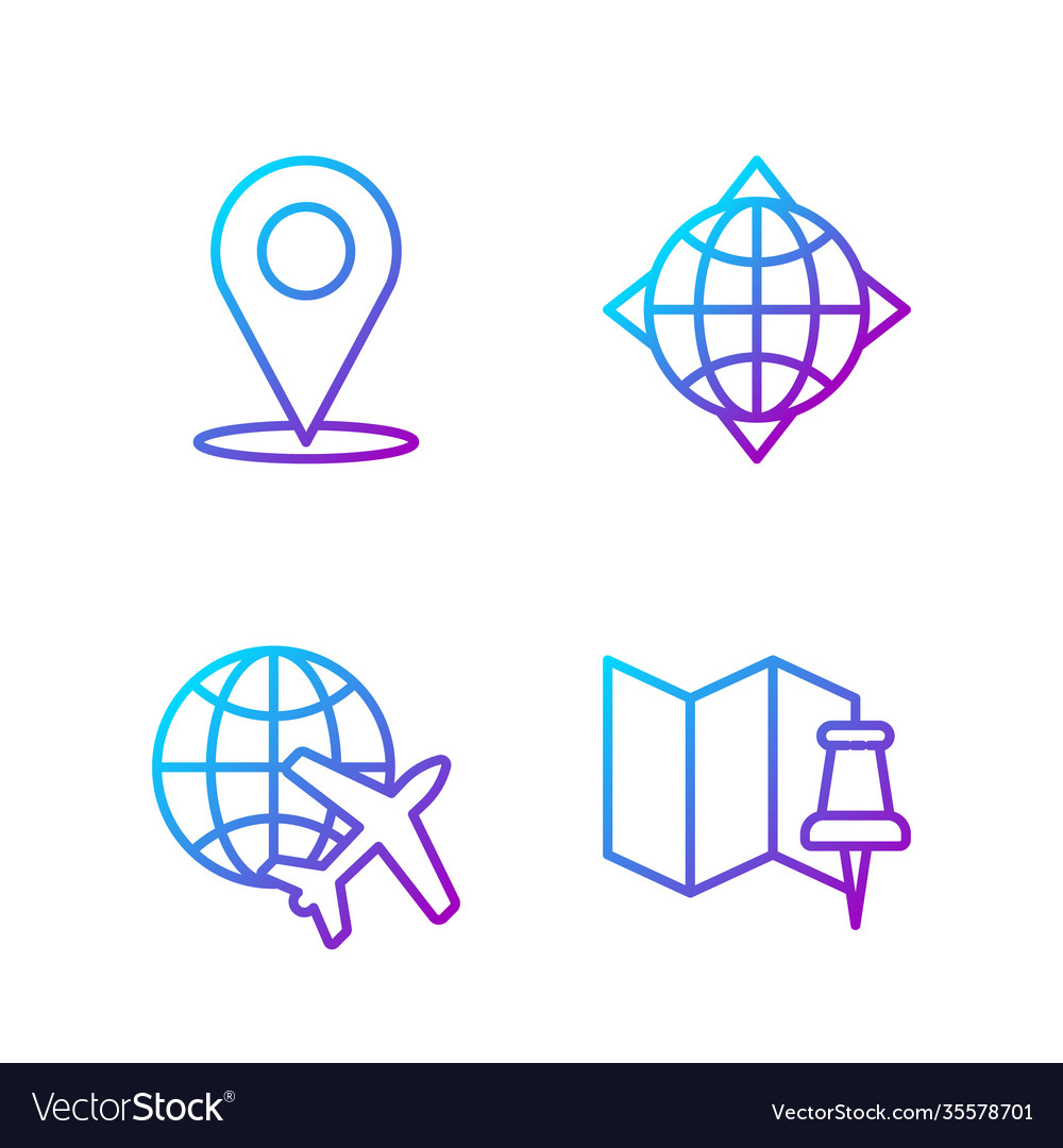 Set line folded map with push pin globe vector image Set line folded map with push pin globe