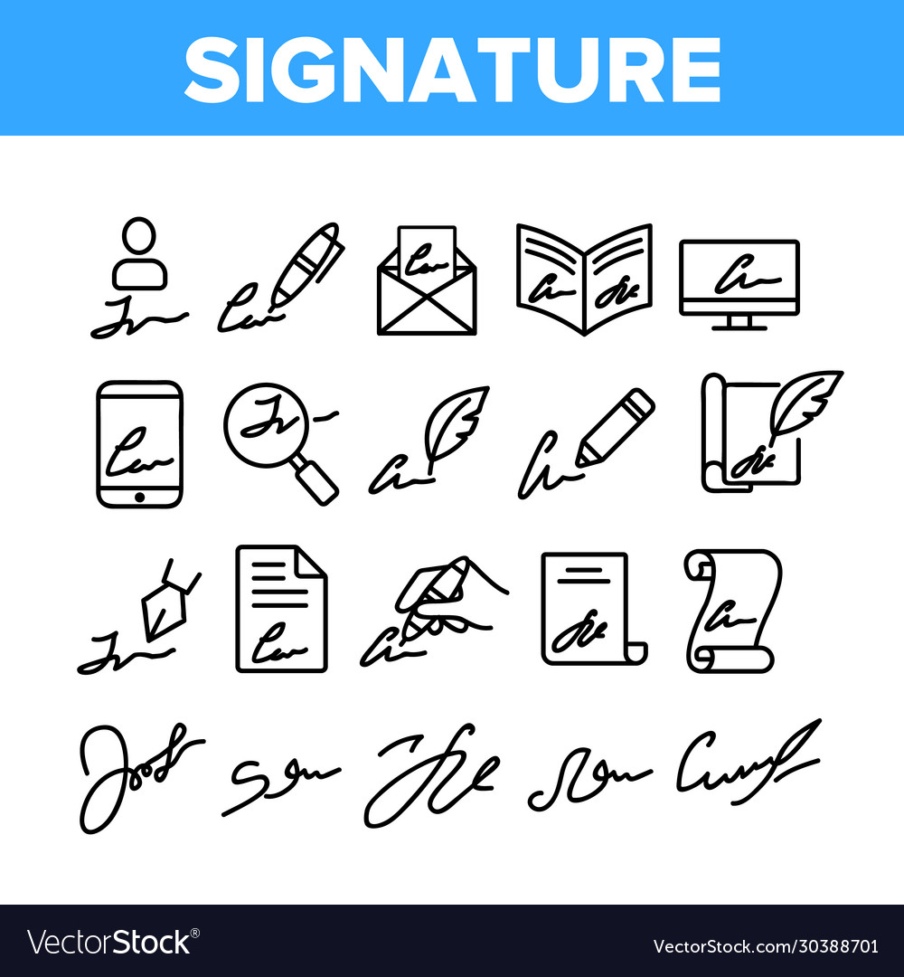 Signature signing collection icons set