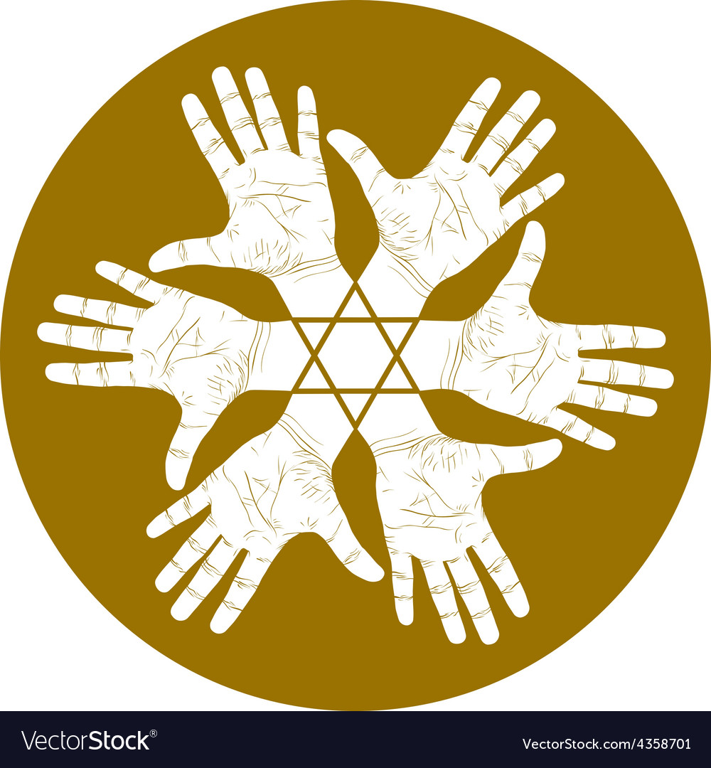 Six open hands abstract symbol with hexagonal star
