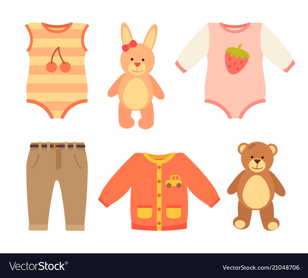 Baby clothes and set of toys Royalty Free Vector Image