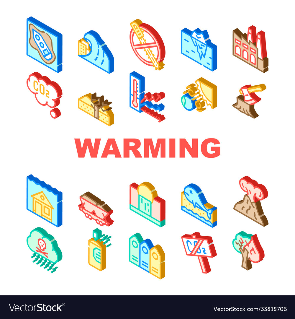 Global warming problem collection icons set Vector Image Global warming problem collection icons set