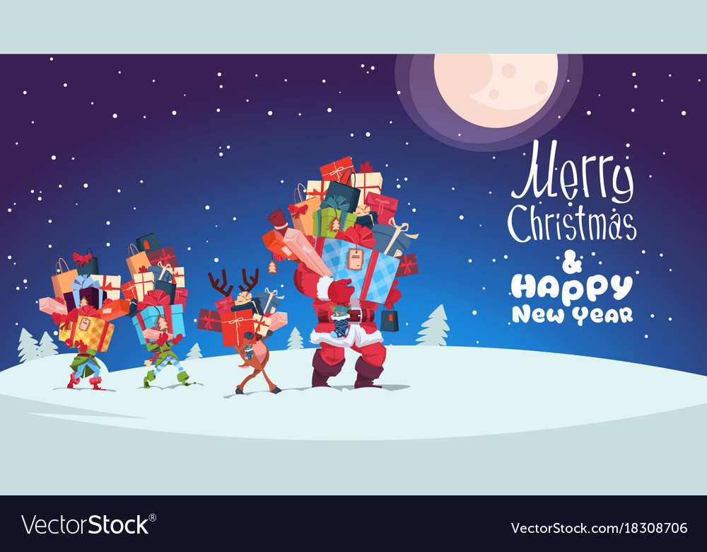 Happy new year card with elves reindeer and santa