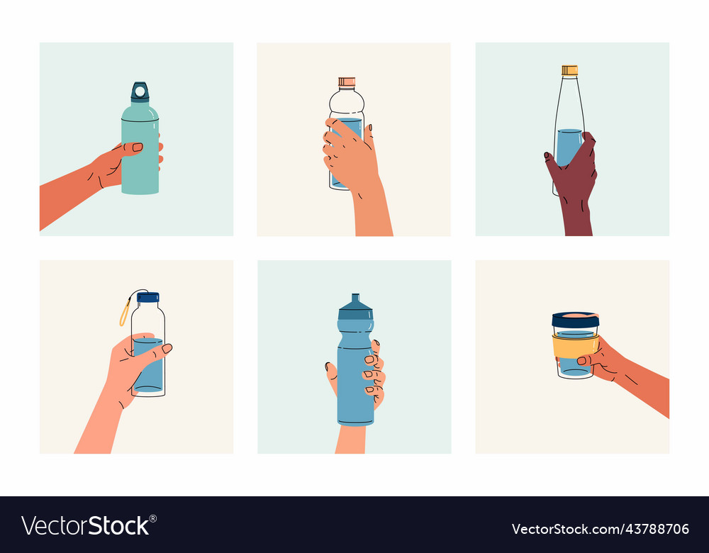 Set of reusable containers for liquids in hands vector image Set of reusable containers for liquids in hands