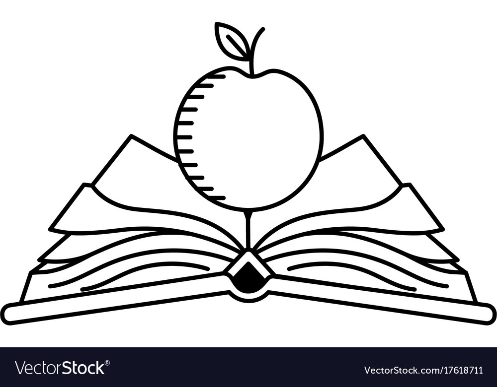 Line open notebook with papers and apple fruit