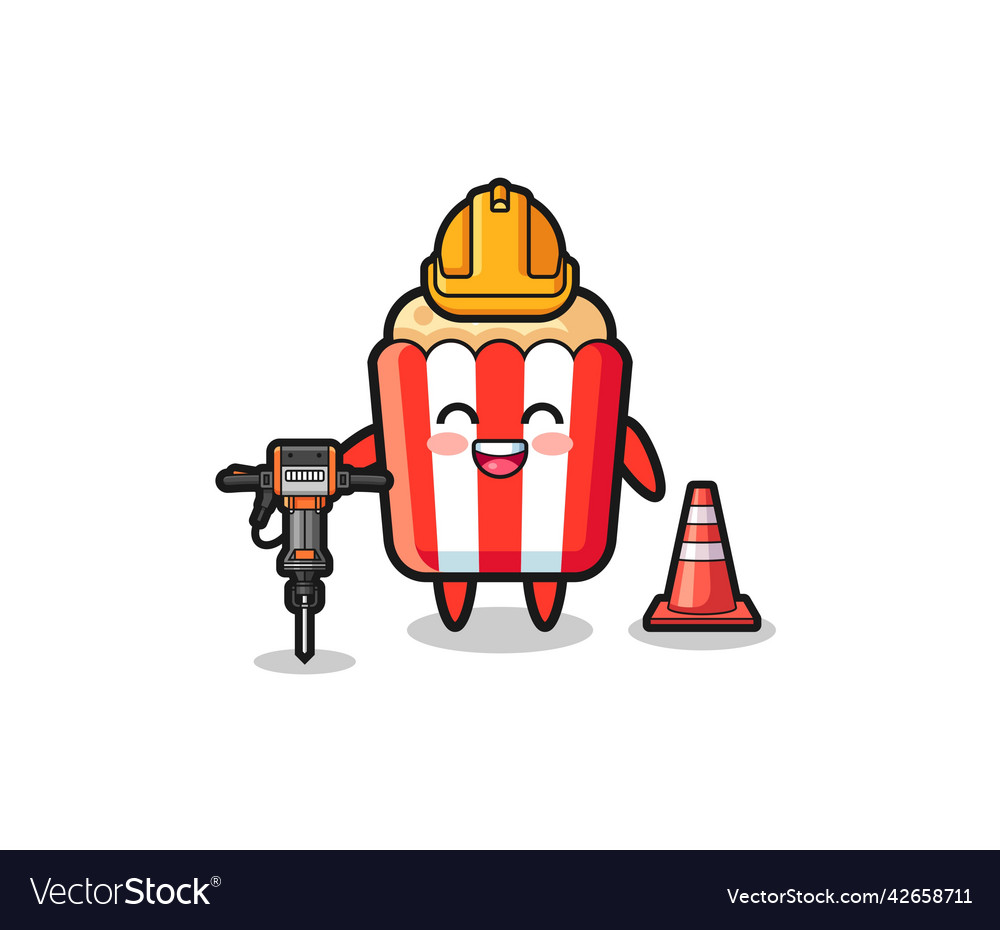 Road worker mascot of popcorn holding drill