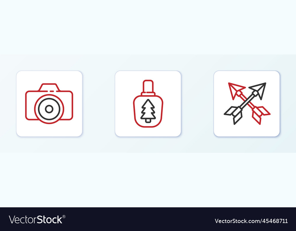 Set line crossed arrows photo camera and canteen