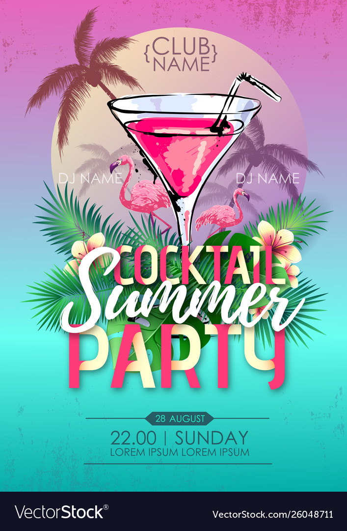 Summer beach party disco poster with cocktail Vector Image