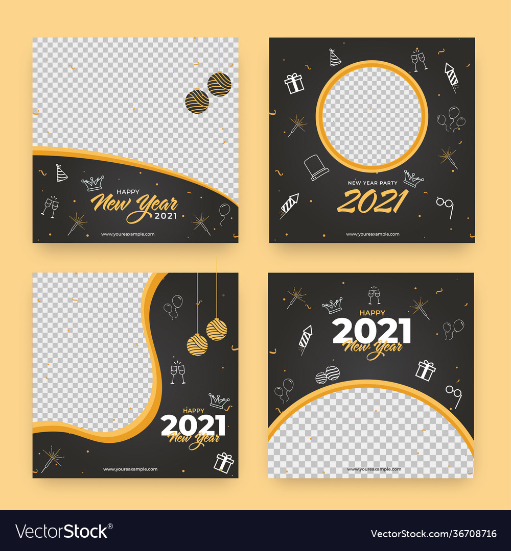 2021 happy new year posts set with line art party