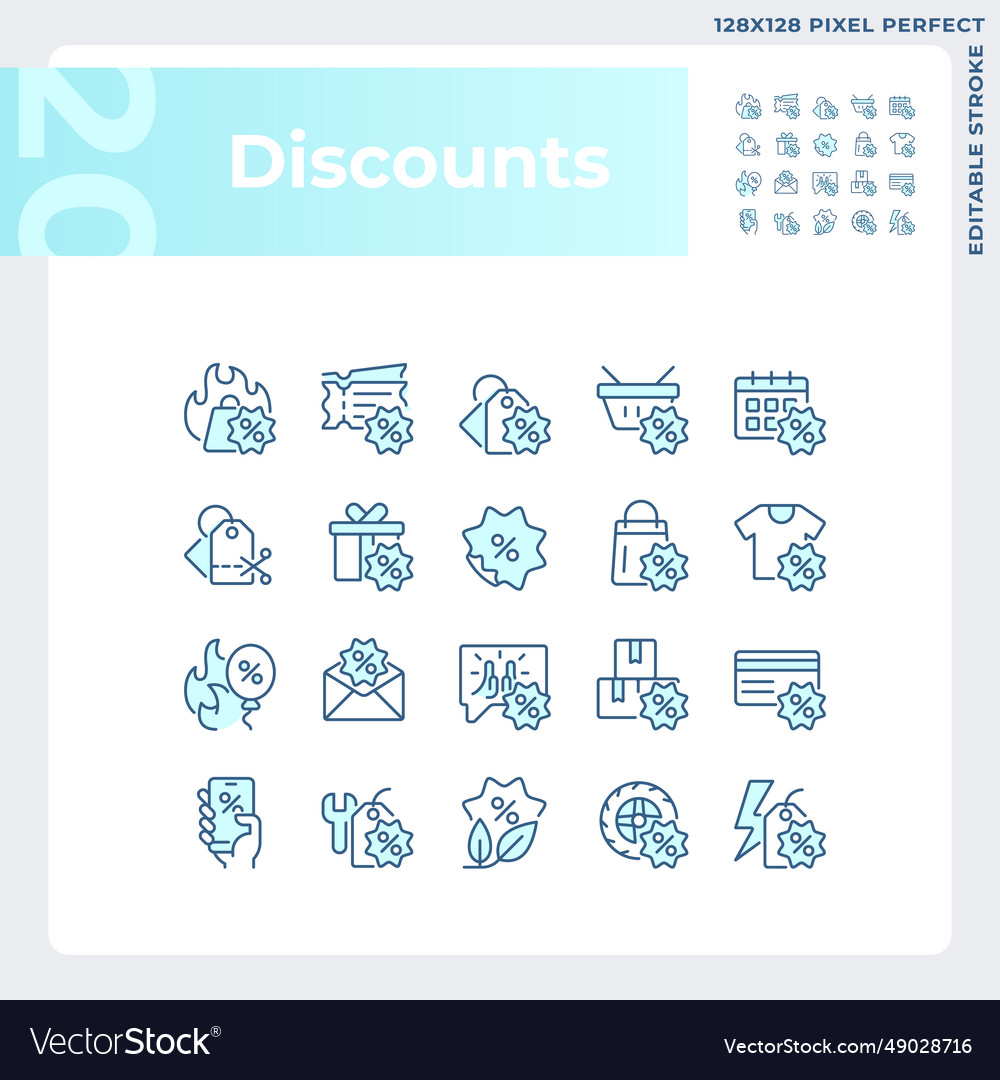 Editable pixel perfect blue discounts icons set