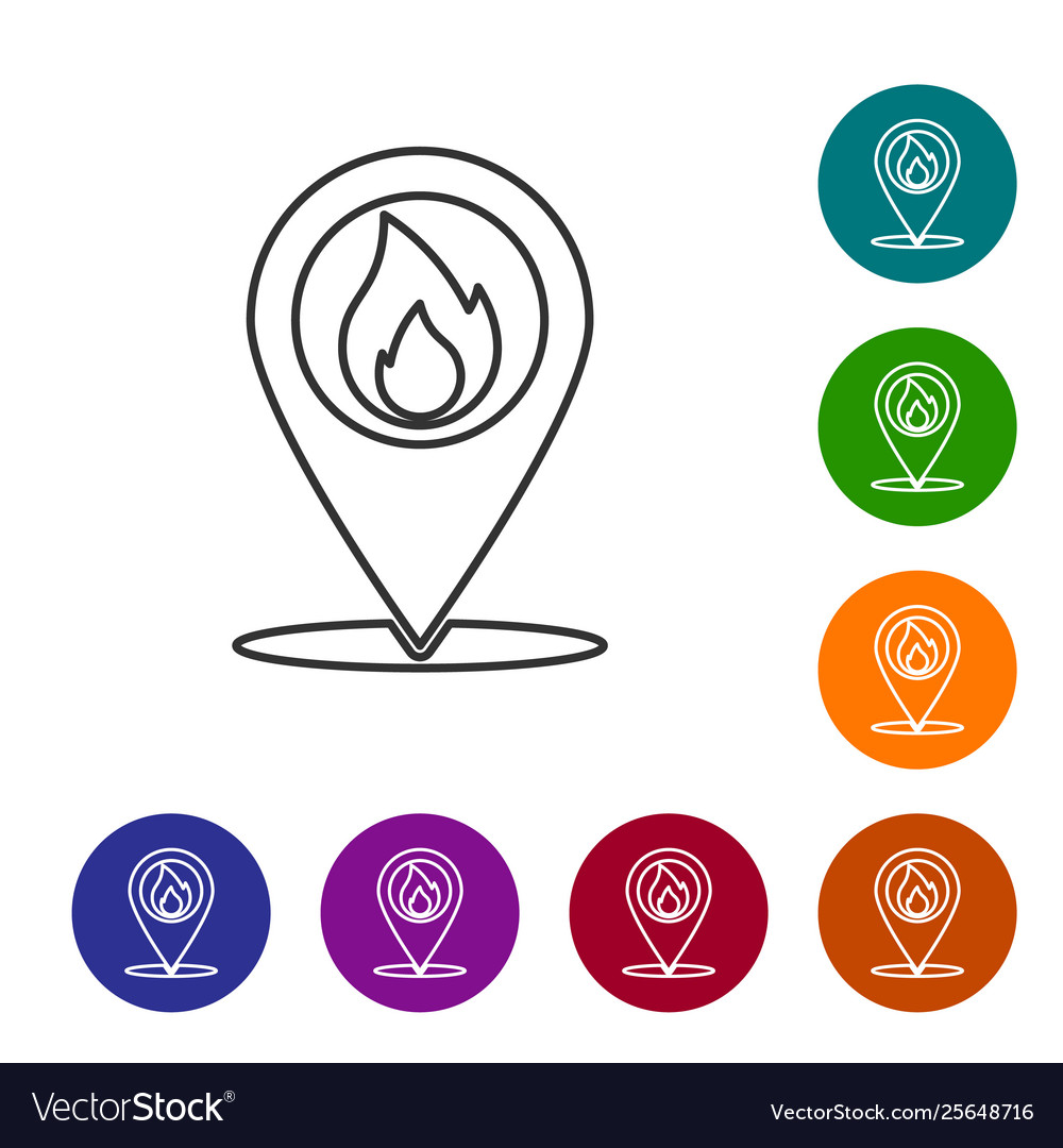 Grey map pointer with fire flame line icon vector image Grey map pointer with fire flame line icon