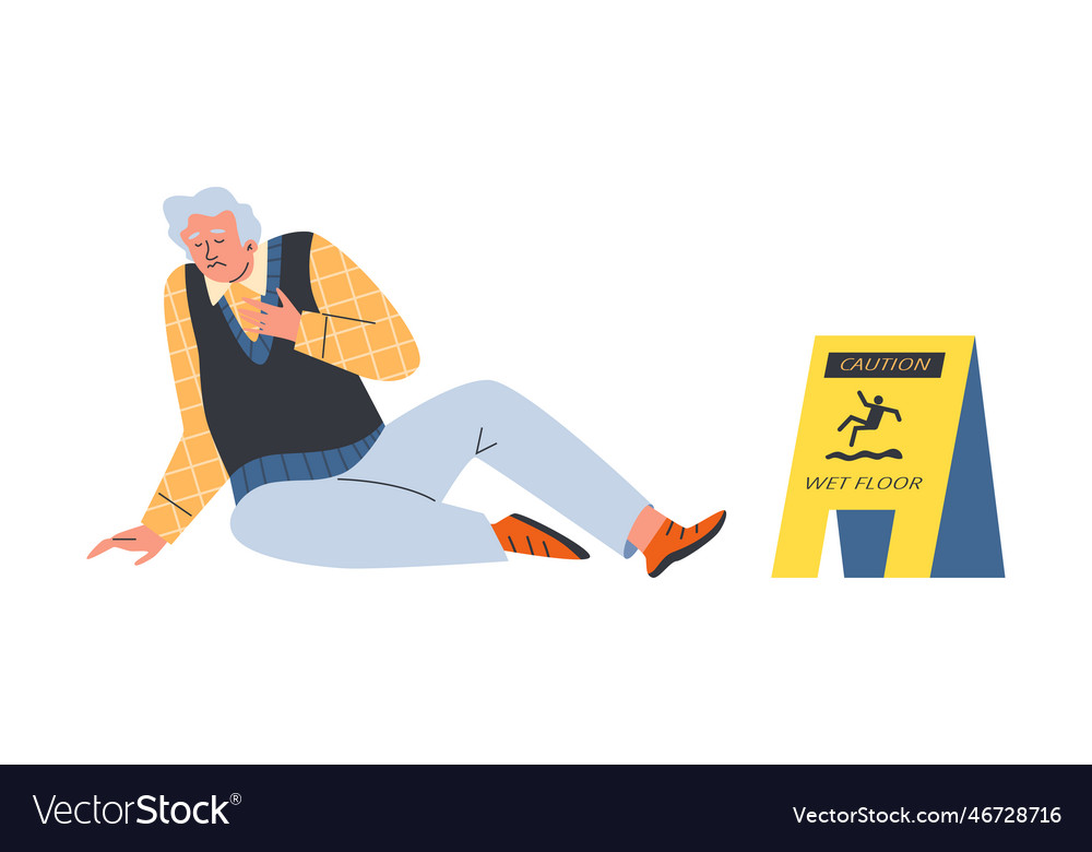 Old man falling down on wet floor flat