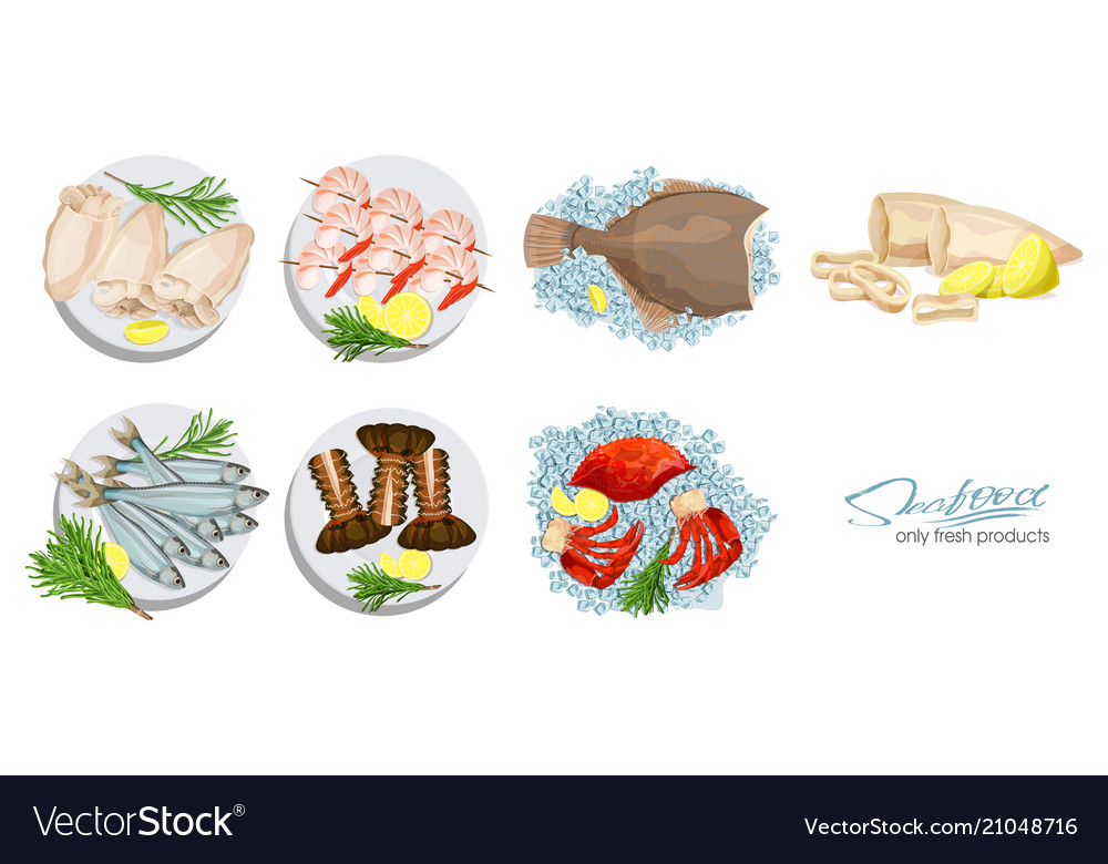 Seafood in cartoon style platter set Royalty Free Vector