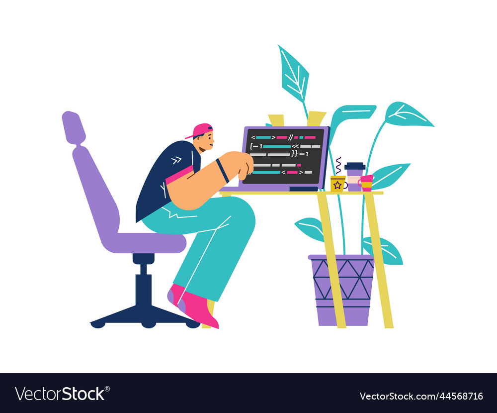 Young man programming and coding software flat