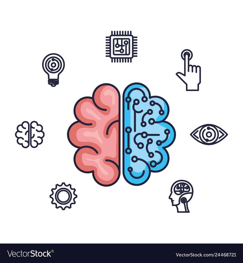 Brain with circuit and tech icons vector image Brain with circuit and tech icons