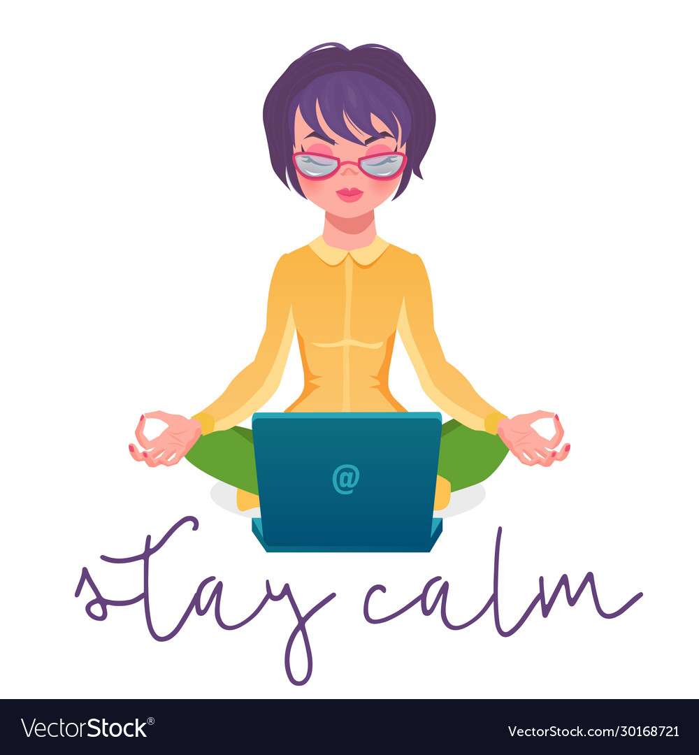 Calm woman relaxing meditating with laptop