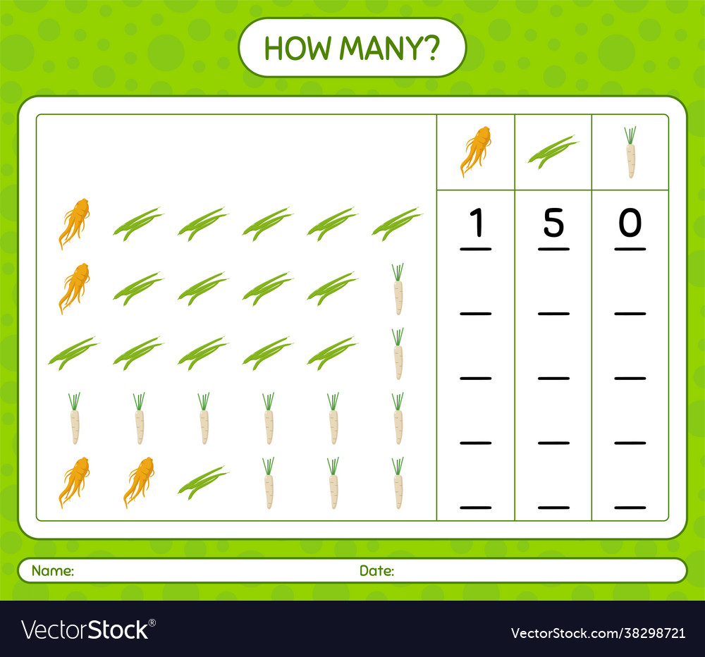 How many counting game with vegetables worksheet Vector Image How many counting game with vegetables worksheet