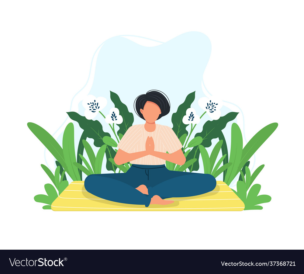 Meditating woman in meditation green meadow Vector Image