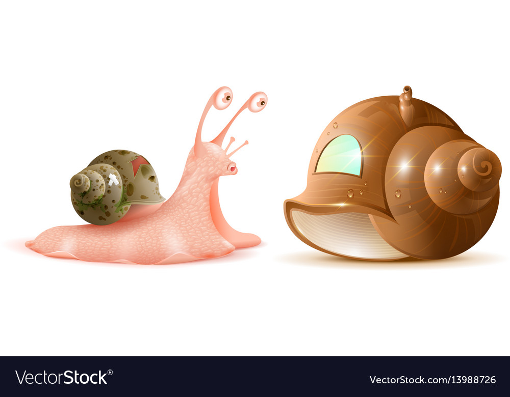 Cartoon snail looks at new shell of house buying