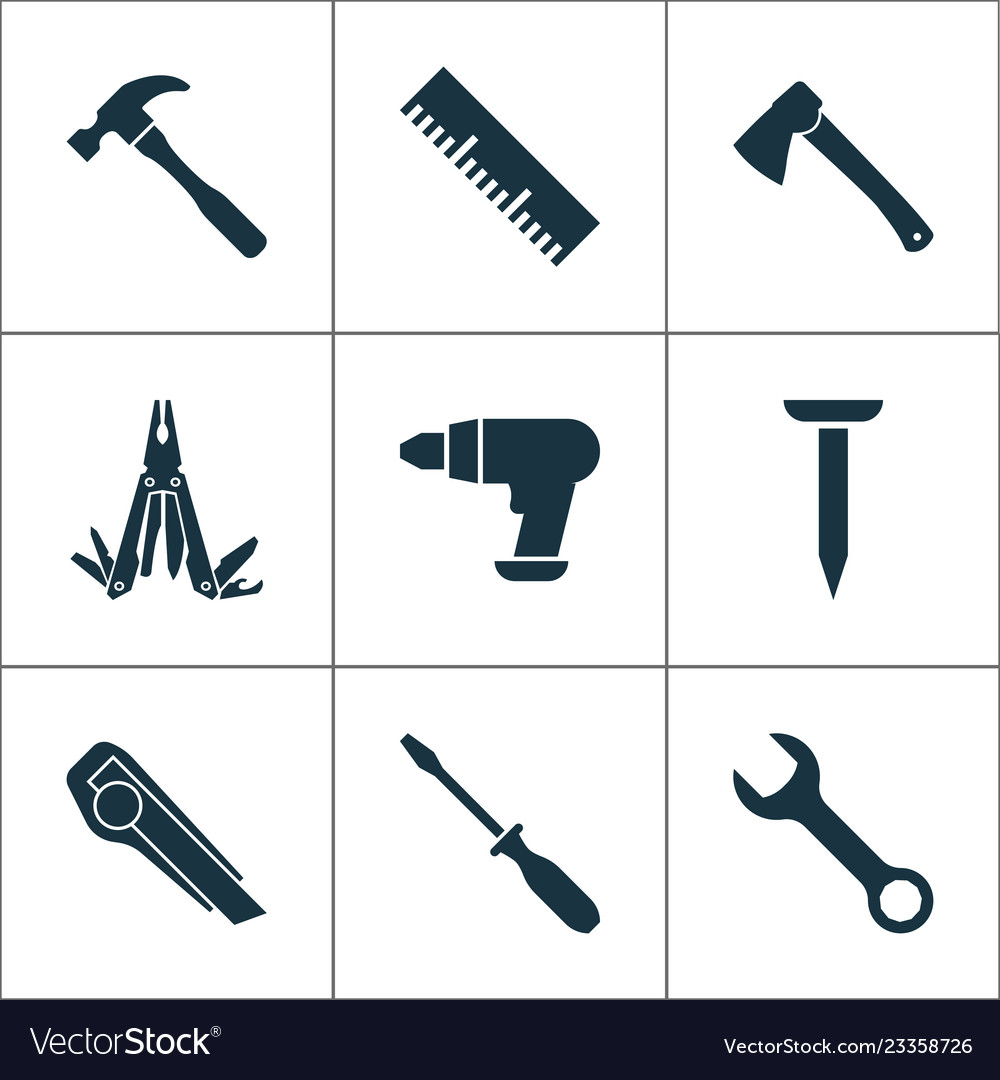 Tools icons set with utility knife multi tool