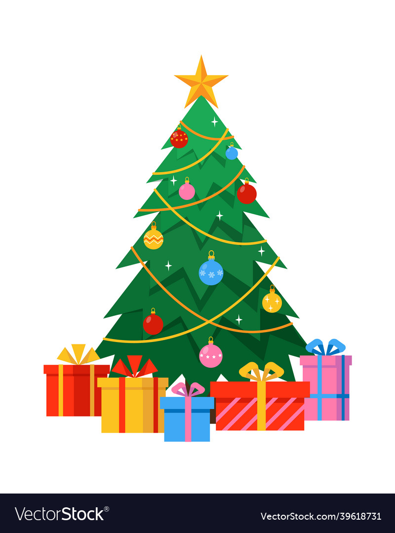 Decorated christmas tree with gifts in boxes Vector Image