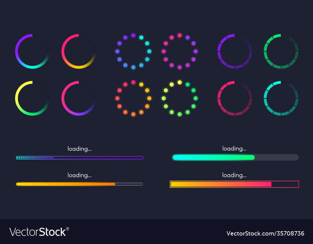 Loading bar set on dark backdrop waiting symbol vector image Loading bar set on dark backdrop waiting symbol