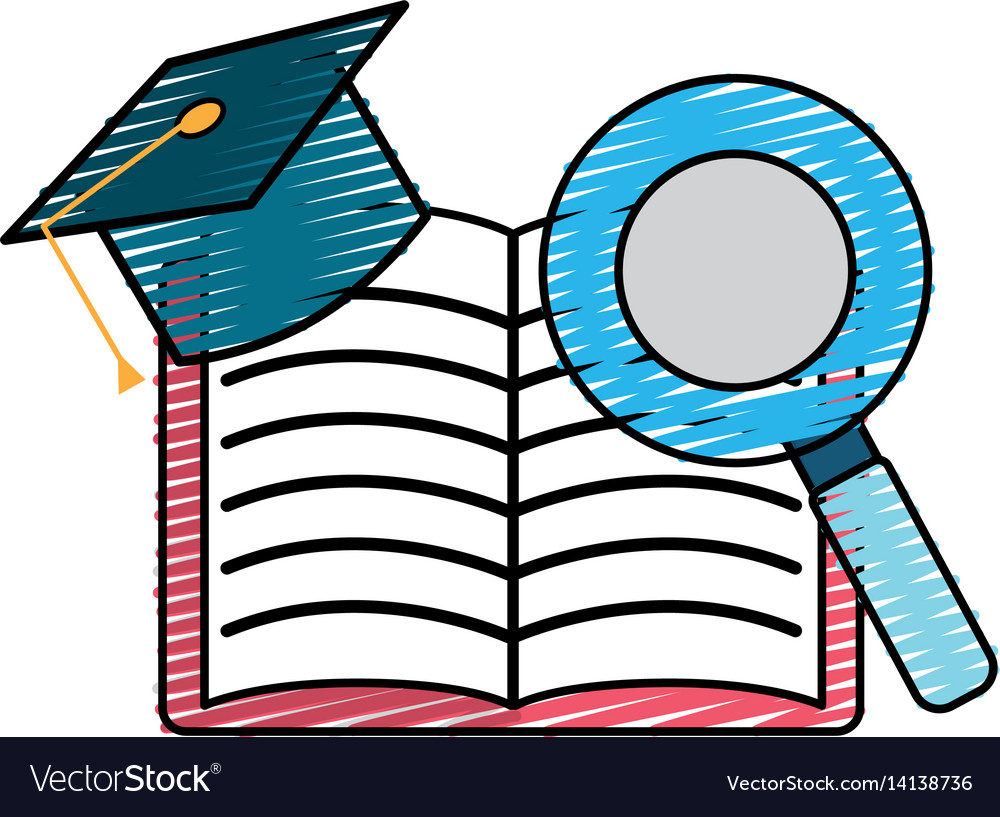 Open notebook with graduation cap and magnifying