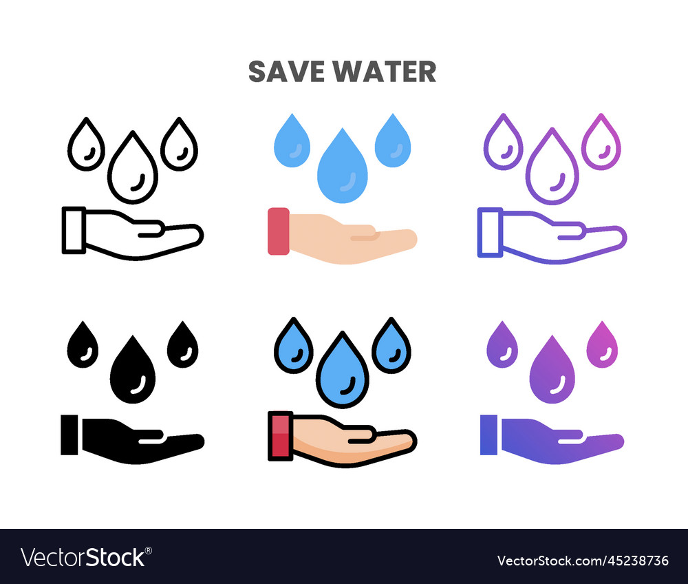 Save water icons set with different styles vector image Save water icons set with different styles